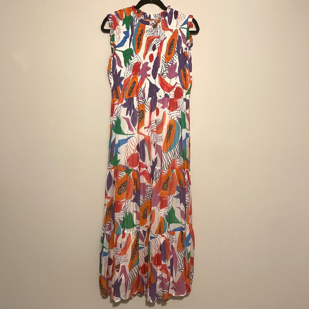 Oliphant Tuckernuck tiered maxi dress M abstract fruit papaya‎ multicolor resort